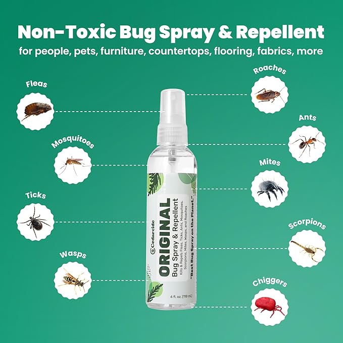 Cedarcide Original Bug Spray | Repel & Kill Fleas, Ticks, Mosquitoes, Mites, Ants & Chiggers | for use on People, Pets & Home | Natural Cedar Oil | Eco-Friendly | 4 Oz