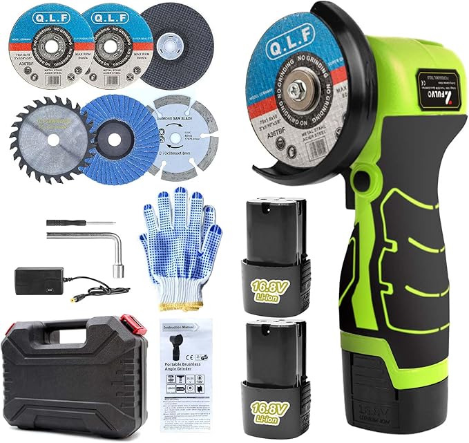 Cordless Brush Angle Grinder Kit, 19500rpm Mini Electric Angle Grinding Tool with 2pcs 16.8V 2000mAh Batteries and 5-Cutting Discs, Grinder Handheld Cutter for Metal Wood