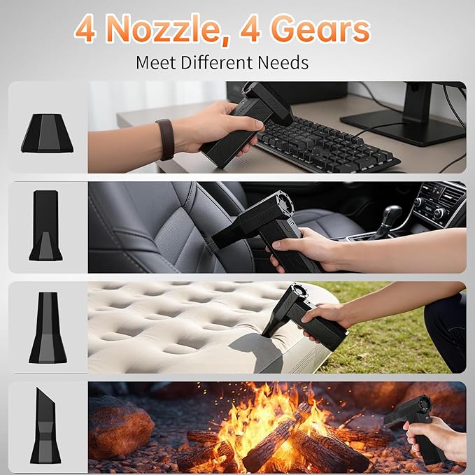 Electric Air Duster 4 Gear Adjustable 130000RPM Super Power Cordless Compressed Air Duster Rechargeable Brushless Blower 4 Nozzles 10 Brushes for Computer, Keyboards, Home, Cars and Outdoor