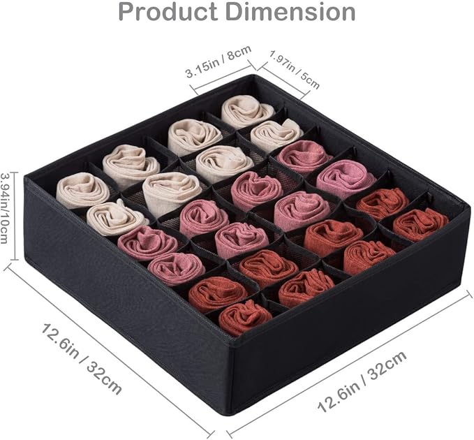 Qozary 2 Pack Socks Underwear Drawer Organizer Divider, 24 Cell or 16 Cell Collapsible Cabinet Closet Organizer Storage Boxes for Clothes, Socks, Lingerie, Underwear, Ties