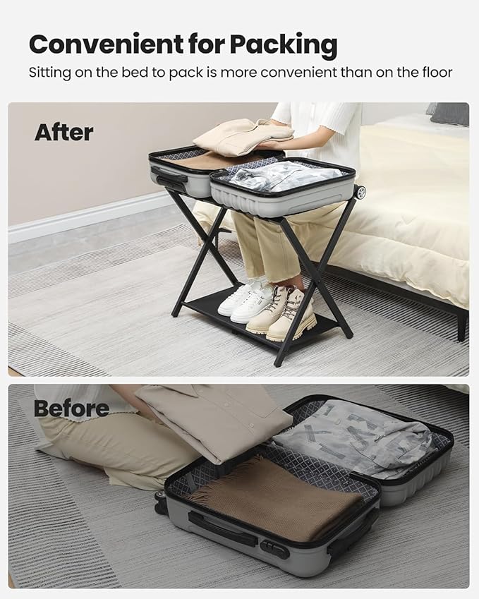 Hzuaneri Luggage Rack, Folding Suitcase Stand for Guest, Foldable, Luggage Holders with Shelf, Steel Frame with Nylon Straps for Bedroom, Hotel, Holds up to 154 lb, Black, 1 Pack LR03801B