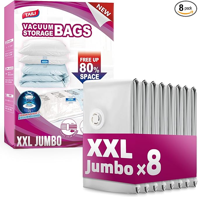 TAILI 8 Pack Vacuum Storage Bags, XXL Jumbo (47x39 Inch), Vacuum Sealed Bags for Comforter and Blankets, Bedding, Clothing, Giant Space Saver Bags for Huge Stuffed Toy