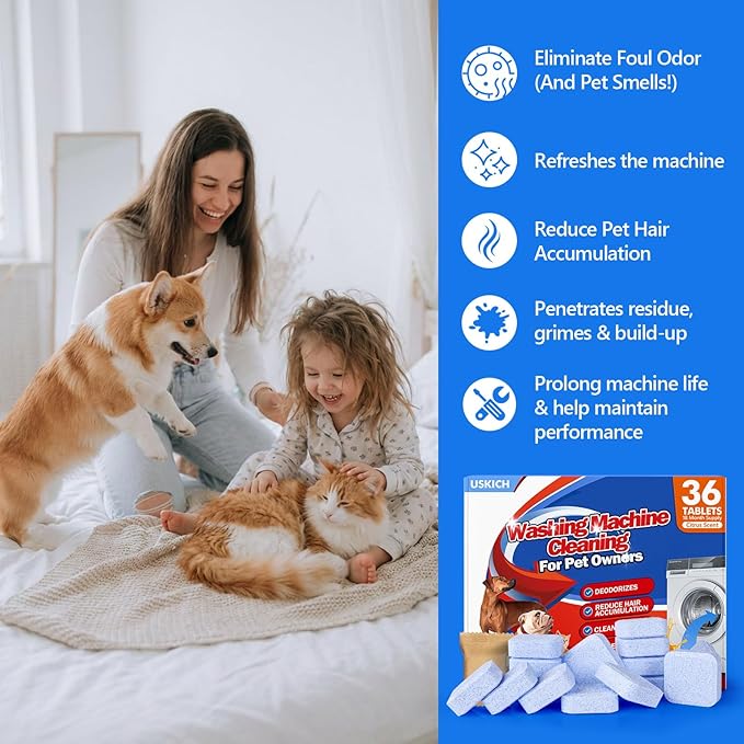 Washing Machine Cleaner-36Pack-18 Month Supply,Washer Machine Cleaner Tablets Formulated For Pet Owners,Easy Pet Hair Remover for Laundry,Compatible with HE, Top & Front Load Washer.Septic Safe