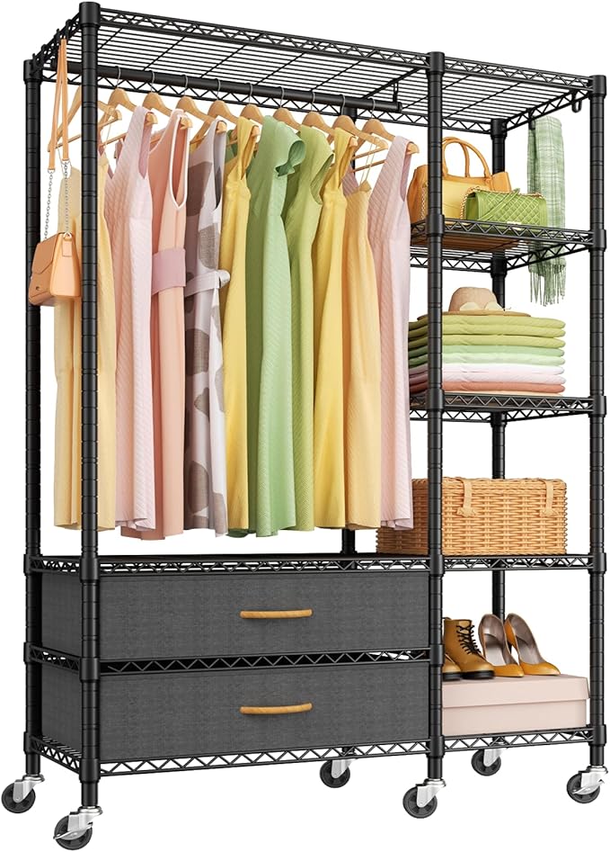Ulif F3R Heavy Duty Clothes Rack（With Lockable Wheels）Freestanding Clothing Racks for Hanging Clothes，Adjustable Closet Organizer System，Portable Garment Rack 40"W x 15"D x 74"H，Max Load 700LBS，Black