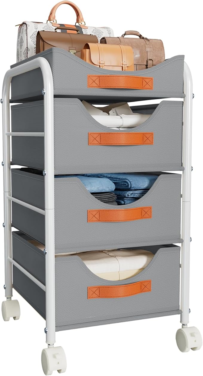 DIMJ Clothes Drawer 4 Tier - Fabric Closet Drawer System Rolling, Portable Closet Drawers for Clothes with Wheels, Small Closet Organizer & Replacement Drawers for Bedrooms, Office, Nursery, Grey