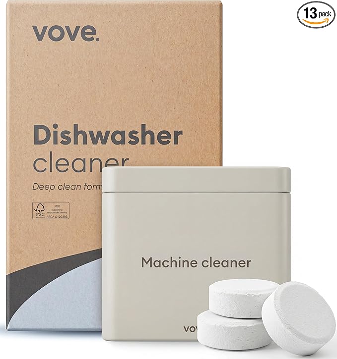 Vove Dishwasher Cleaner Tablet Starter Set, 12 Count with Reusable Storage Tin - Deep Clean Descaler for Hard Water, Limescale and Odor - Enzyme and Oxygen-Powered, Plant-Based Formula