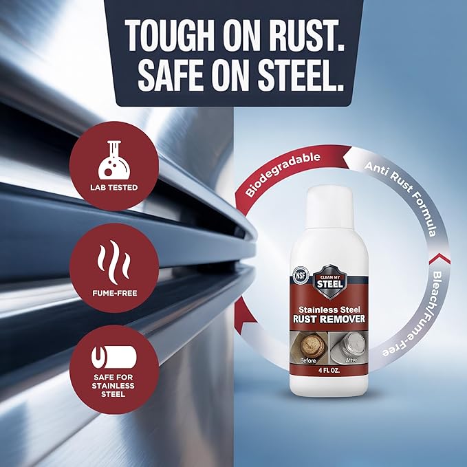 CLEAN MY STEEL Stainless Steel Rust Remover – NSF Approved Non-Toxic Rust Stain Remover Gel for Appliances, Sinks, Grills, Marine & Commercial Equipment (4 oz)