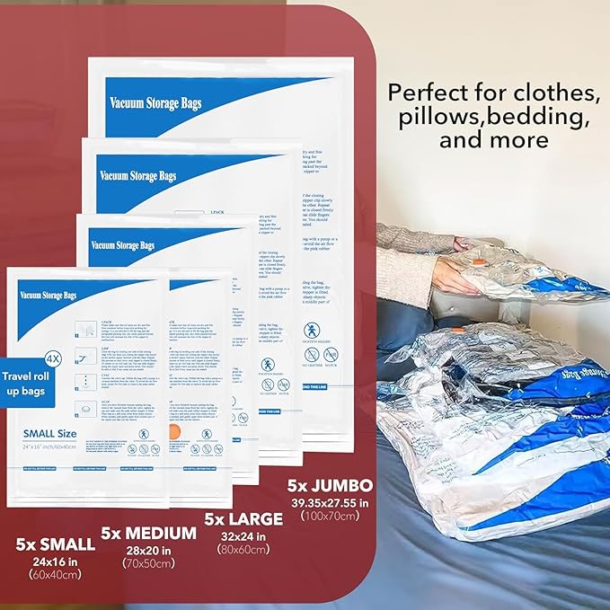Vacuum Seal Bags for Clothing Travel & Home Storage, travel vacuum bags with pump, Store Blankets, Comforters, Pillows, Seasonal Clothes Compactly,36 Pack With Electric Pump