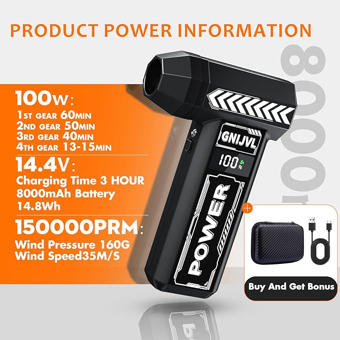 Compressed Air Duster-, 150000RPM 4-Gear Adjustable Super Power Mini Blower Electric Air Duster with LED Light,One-tap Booster with 8000mAh Rechargeable Battery, for PC, Car, House, Outdoor