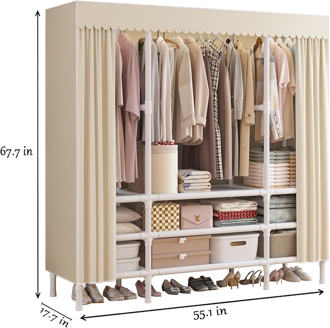 Portable Closet,Garment Rack,Heavy Duty Clothes Rack with Cover,Wardrobe Closet with 3 Hanging Rods, 9 Storage Shelves,55.1" L x 17.7" W x 67.7" H,Pale Yellow