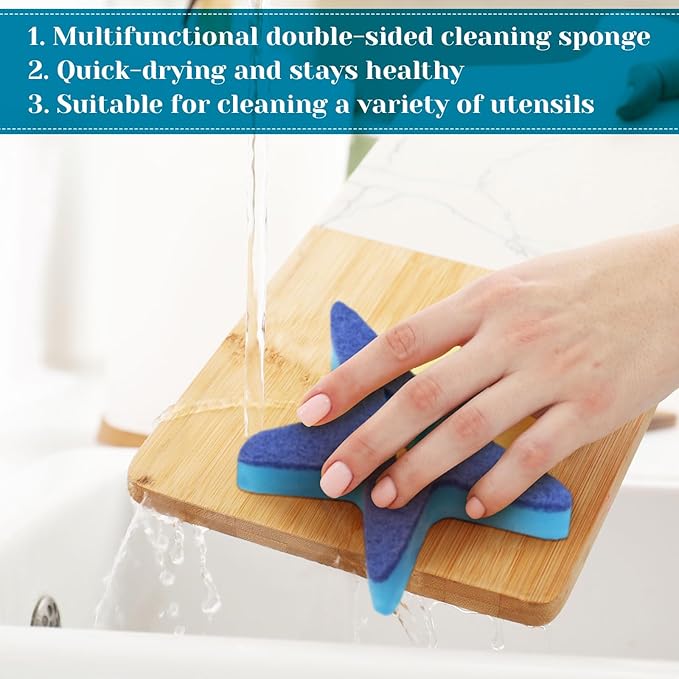 Tioncy 12 Pack Summer Starfish Kitchen Sponges Bulk Dual Sided Scrubber White Blue Starfish Sponges Dishwashing Kitchen Cleaning Accessories for Funny Christmas Household Supplies