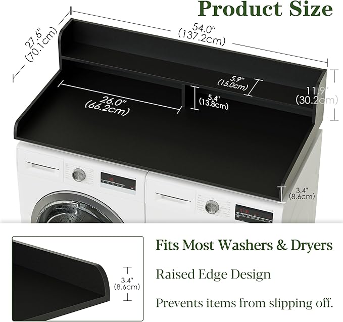 2-Tier Washer Dryer Countertop, Laundry Room Organization and Storage, 27.6" x 54" Wood Laundry Countertop for Washer and Dryer, Black