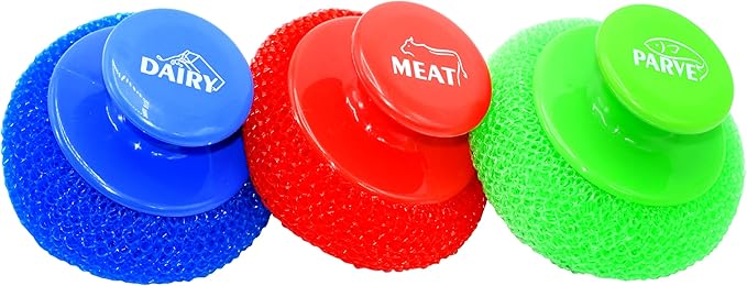 Parve Green Scouring Pad with Comfortable Handle – Ergonomic Easy Grip Dishwashing Cleaning Sponge Brush – Color Coded Home and Kitchen Accessories by The Kosher Cook