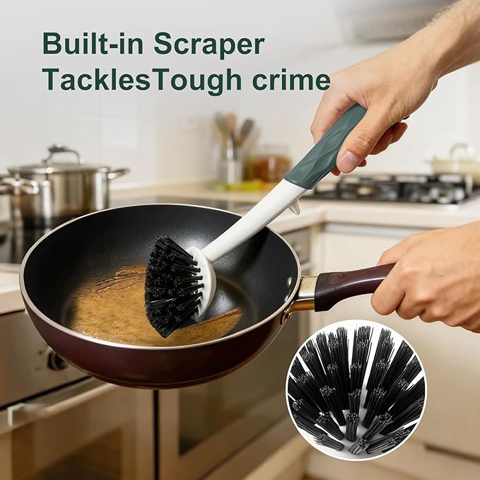 Dish Brush, 2 Pack with Comfortable Handle, with Built-in Scraper, Scrub Brush with Medium Firm bristles for Cleaning Dishes, Sink, Pots(Green)