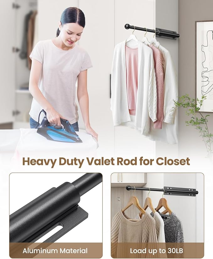 Supforce 14" Valet Rod for Closet Pull Out, Retractable Slide Out Valet Rod Closet Organization, Aluminum Valet Clothing Hanger Rods Perfect for Suits, Dresses & Freshly Pressed Clothes, Black