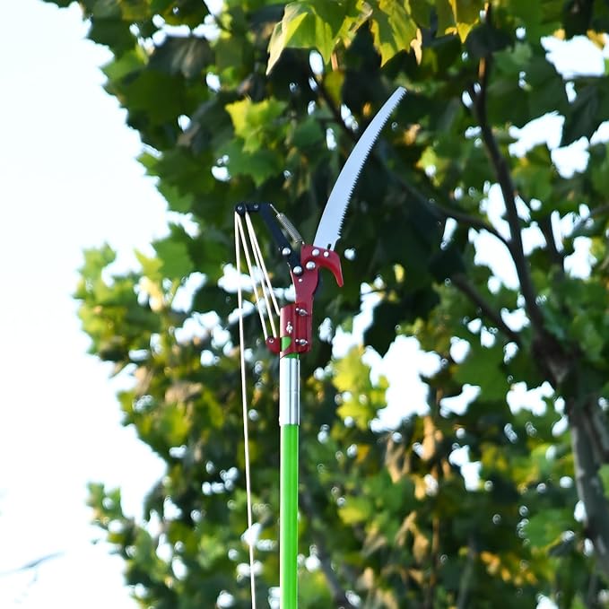 Manual Pole Saw for Tree Trimming, 27 FT Manual tree purner with 8 Fiberglass Handles, Sharp steel Blade and Scissors, Easy to Carry and Extendable Design for Tree Maintenance, Green