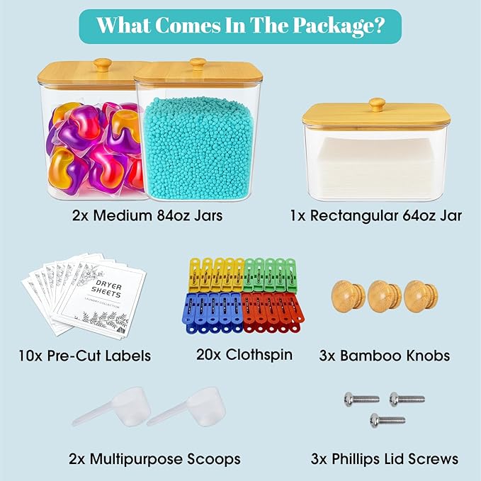 2+1 Laundry Pods Container and Dryer Sheet Holder Set, Clear Laundry Room Organization Containers with Bamboo Lids, Scoops, 10 Labels & 20 Clothespins, Laundry Containers for Pods and Powder