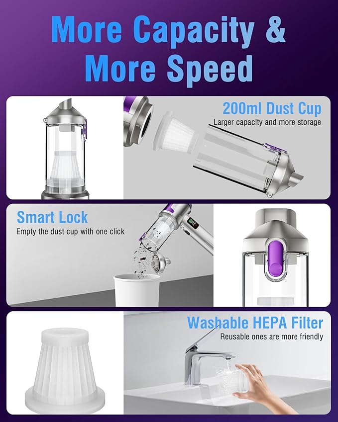 Handheld Car Vacuum Portable Cordless, 22000Pa High-Power Suction Hand held Vacuum Cleaner & Air Duster for Car Cleaning, Home, Office, Pet Hair | Multi-Nozzle, Washable Filter, LED Light