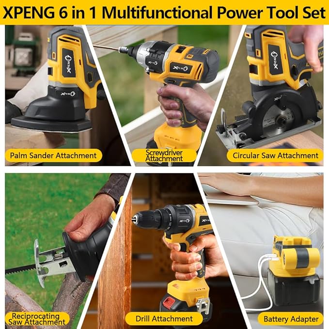 Cordless Power Tool Combo Kit 18V 6-Tool Set Circular Saw, Palm Sander, Drill, Impact Driver, Reciprocating Saw, Battery Adapter with 2×4.0Ah Batteries and Fast Charger Cordless Power Tool Set