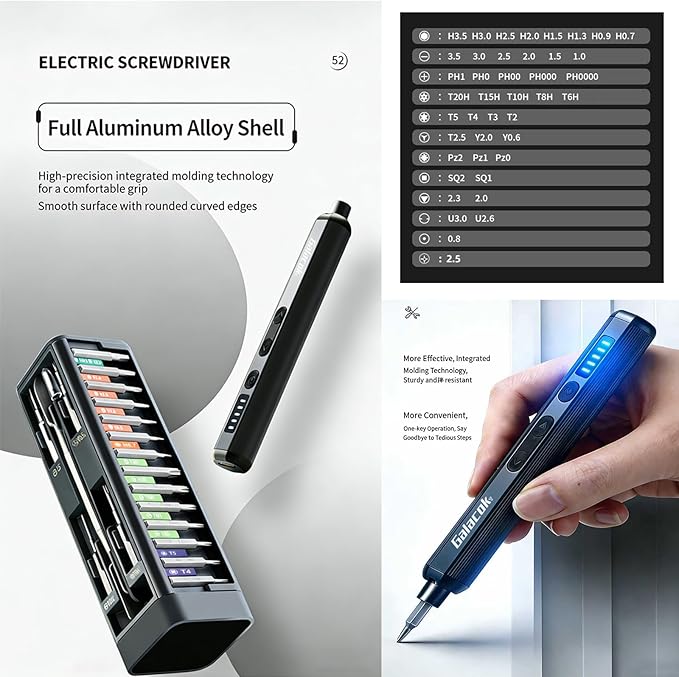 Cordless Electric Screwdriver Set, Rechargeable Precision Screwdriver with LED Ring Light, Type-C Charging, Multi-Bit Kit for Home Repair and Electronics