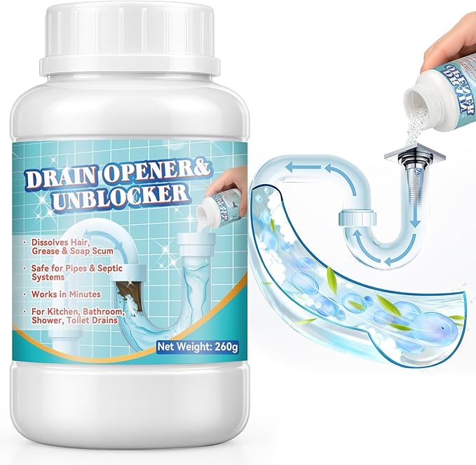 Drain Clog Remover, Crystal Lye Drain Opener, Hair Drains Clog Remover Unclog Bathroom and Kitchen Sinks, Drains, Shower Pipes, Removes Hair, Soap Scum, Blockages, 260g
