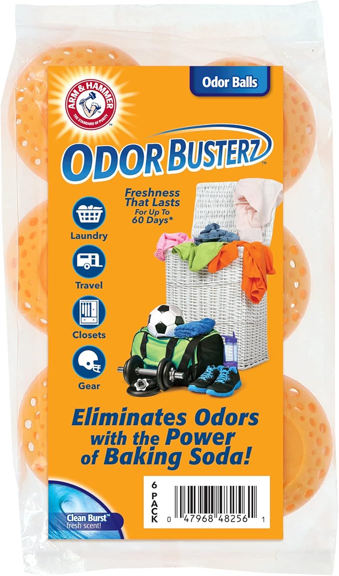 Arm & Hammer OdorBusterz® Odor Eliminator Balls, Clean Burst, 6 Count – Baking Soda Odor Control for Closets, Drawers, Hampers & Small Spaces