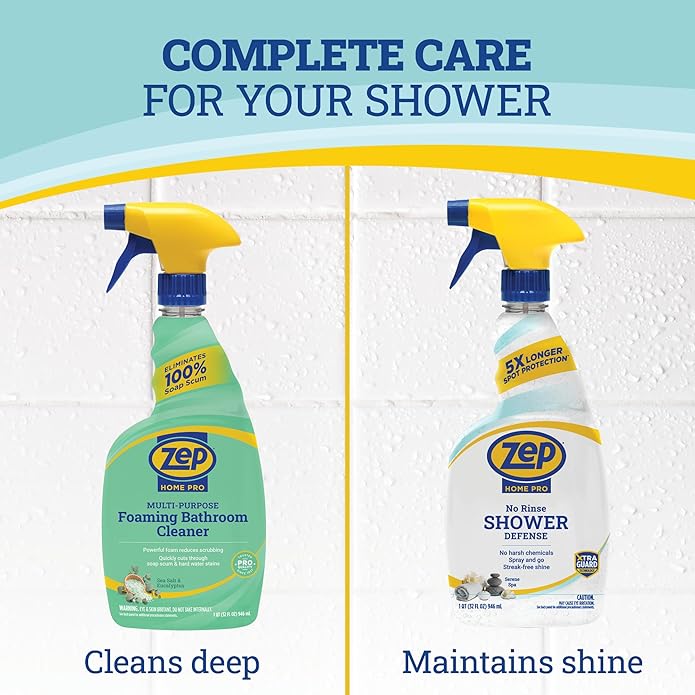 Zep Home Pro No Rinse Shower Defense, 32 Fl Oz Spray - R61006 - Streak-Free Shine, Serene Spa Fragrance, 5X Better Surface Protection