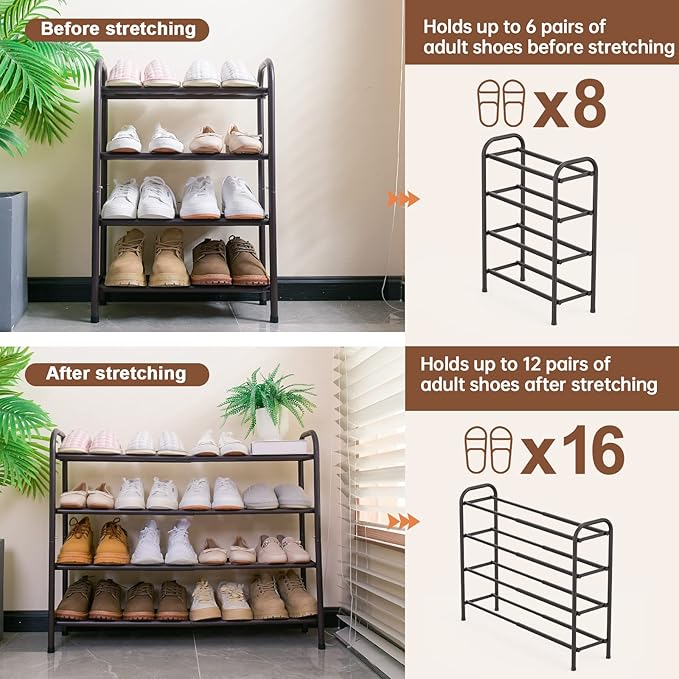 Gonfoam 4-Tier Expandable Shoe Rack,Adjustable Shoe Shelf Storage Organizer Heavy Duty Metal Free Standing Shoe Rack for Entryway Closet Doorway (Bronze)