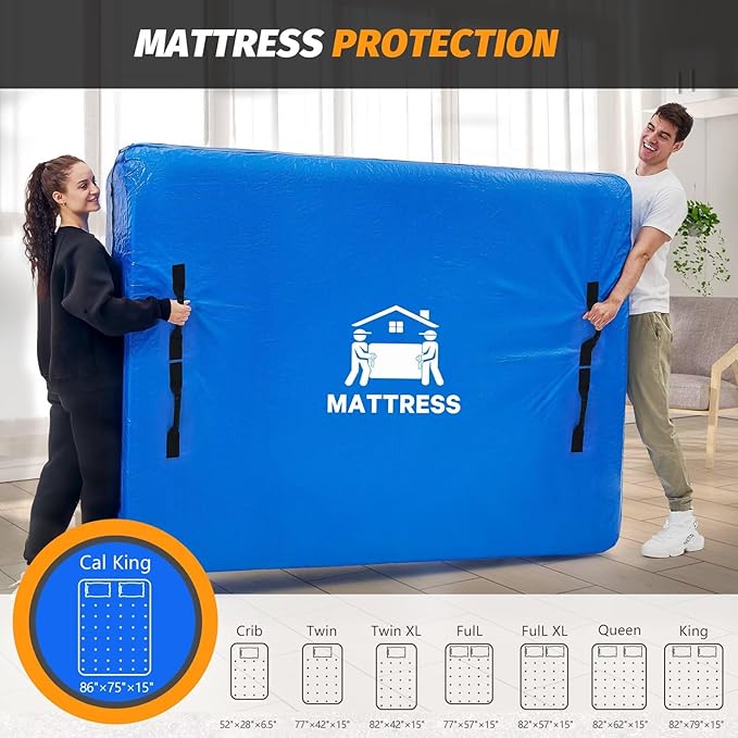 Mattress Bags for Moving, BETU Mattress Protector Waterproof Mattress Cover Cal King Size Storage Bags with 8 Heavy-Duty Handles and Zipper for Bed Extra Thick Large Reusable (86"x75"x15" Blue)