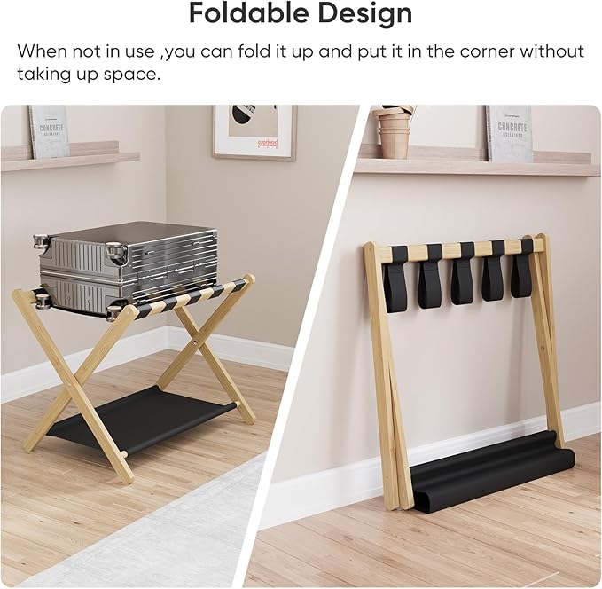 Smuxee Natural Bamboo Luggage Rack for Guest Room, Foldable Suitcase Stand with Storage Shelf, Easily Assembled Luggage Stand with 5 Nylon Straps for Guest Room Bedroom Hotel
