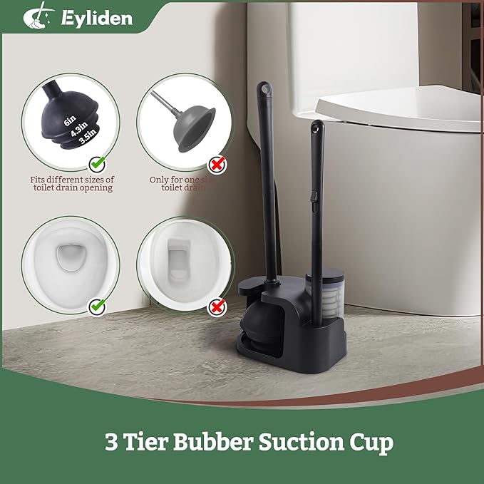 Eyliden Disposable Toilet Brush and Plunger Combo | 2-in-1 Toilet Bowl Wand Kit - 10 Count Pre-Soaked Refill Heads, 3-Step Plunger, Storage Holder - Compact Toilet Cleaning System, Black