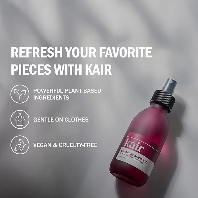 Kair Signature Finishing Spray - Cedarwood, Amber & Iris | Plant-Based Fabric Refresher & Wrinkle Release, 5 Fl Oz (750 Spritzes), Vegan, Cruelty-Free, Biodegradable, Odor-Neutralizing Cozy Scent