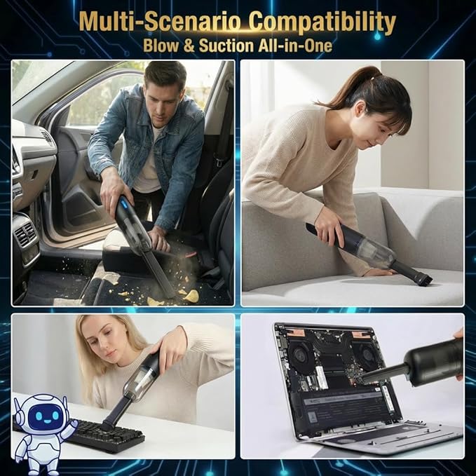QQT Portable Cordless Handheld Vacuum Cleaner,8000/10000Pa Strong Suction,4-in-1 Mini Vacuum with 2 Modes,Practical and Detachable Nozzles,Lightweight for Home,Office, Car,Pet Hair Cleaning,Black