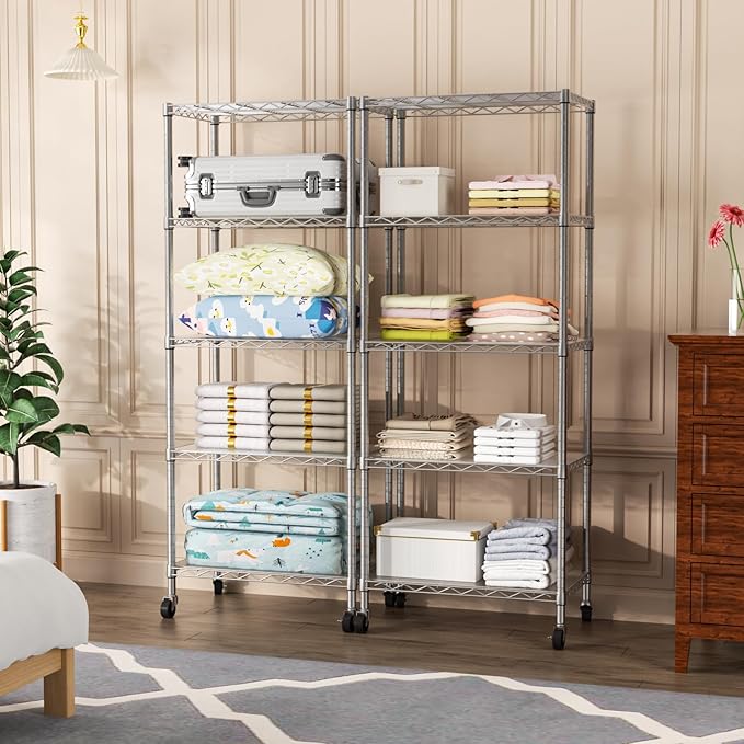 SINGAYE 5 Shelf Storage Wire Shelves Closet Bathroom Organizers Metal Pantry Kitchen Garage Shelving Unit Laundry Room Organization Home Narrow Rack Net Basket with Wheels Silver