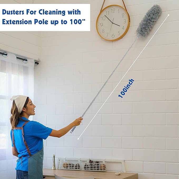 Dusters for Cleaning, Feather Duster Set, 10PCS Duster with Extension Pole Up to 100'' - Extendable, Bendable, and Washable for Ceilings, Chandeliers, and Furniture