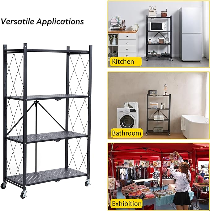 BRIAN & DANY Metal Storage Shelves - 4 Tier Shelving Unit, Folding Display Shelf Racks No Assembly for Vendors and Craft Shows, Black (2Pcs)