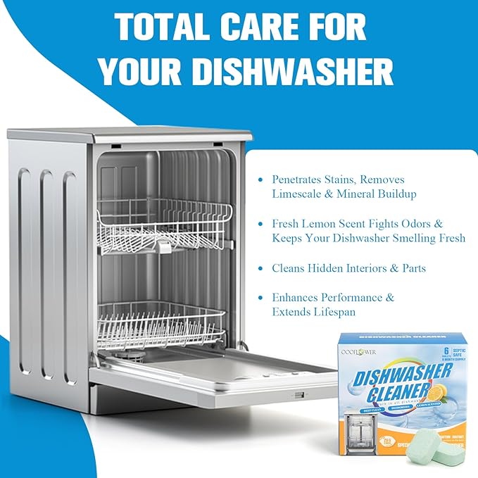 6-Pack Dishwasher Detergent and Deodorizer Tablets with Kitchen Sponge, Deep Clean Formula, Dishwasher Safe, Removes Scale, Odors, and Hard Water Residue (Lemon Scent)