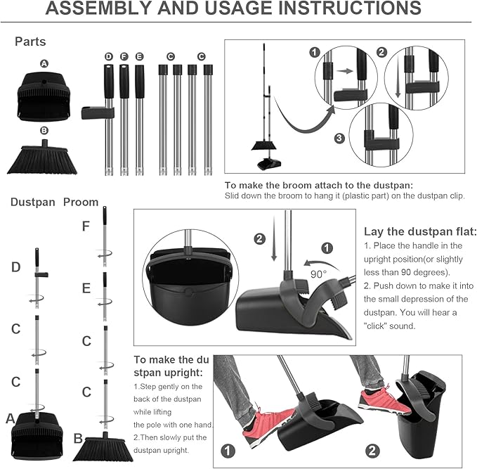 Broom and Dustpan Set, Large Household Broom with Dustpan Combo Set, 55" Long Handle Black Dust Pan Kit for Kitchen Lobby Office Indoor Outdoor