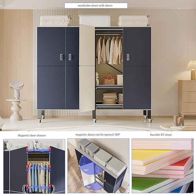Heavy Duty Covered Clothes Rack with Magnetic Door Foldable Portable Wardrobe Closet for Hanging Clothing Rolling Black Metal Garment Rack on Wheels Closet System (Navy Blue, 58.9in)