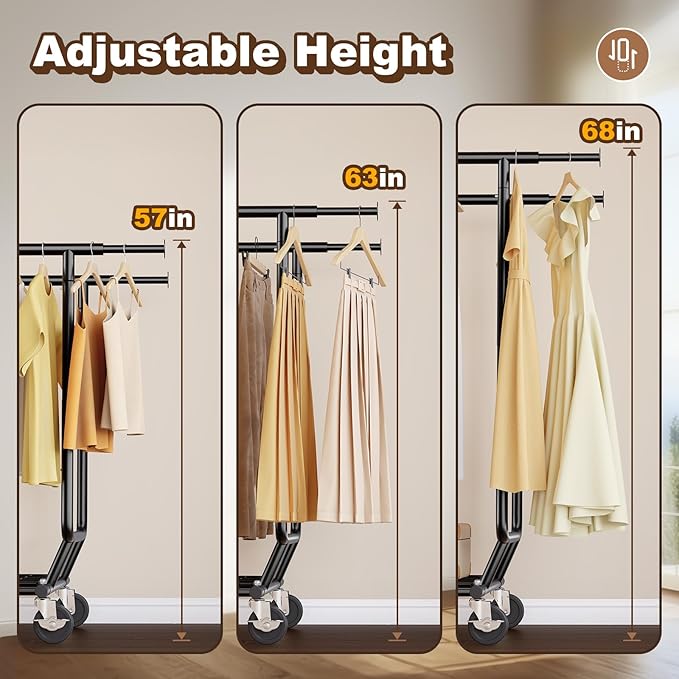 HOKEEPER Clothes Rack Heavy Duty Clothing Rack Load 650 LBS Collapsible Garment Rack with Wheels Double Rod Coat Rack for Hanging Clothes Commercial Closet Rack with Shelves, Black 22" D*75" W*68" H