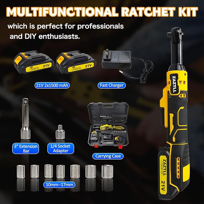 3/8" Cordless Ratchet Wrench Set,60Ft-lbs Extended Electric Ratchet Wrench, 400 RPM Chargeable Power Ratchet Driver with 2 X 21V Lithium-Ion Battery,7 Sockets, 3" Extension Bar, 1/4" Adapter