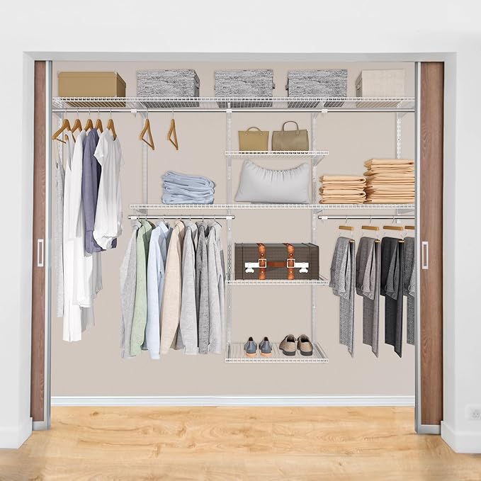 Homde Closet Organizer System Wall Mounted, 4-8 Ft. Adjustable and Expandable Metal Wire Shelving, Custom DIY Wardrobe Kit with Shelf, Clothes Hanging Rods, for Home Closet Laundry Mudroom