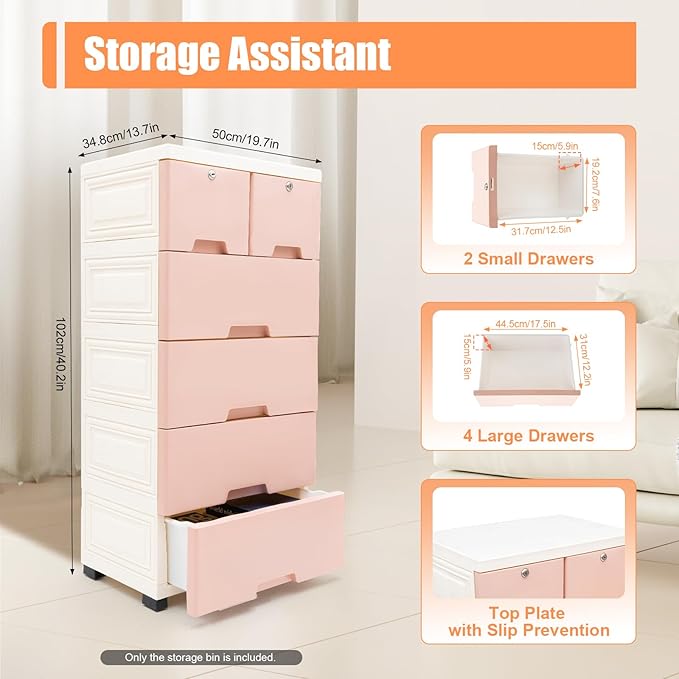 6 Drawer Storage Drawer,Closet Drawers Dresser Organizer, Dresser Plastic Storage Cabinet with 4 Wheels Pink Dressers for Bedroom