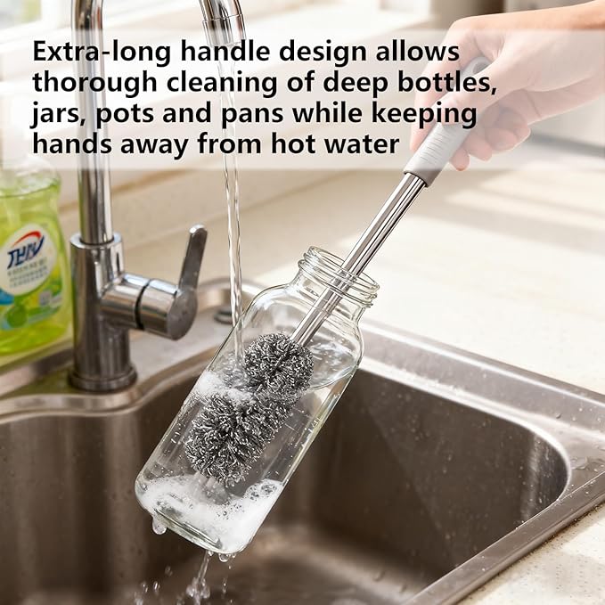 3-Pack Steel Wool Scrubber with Long Handle, Kitchen Dishwashing Pot Scrubber for Deep Cleaning
