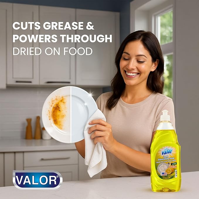 Valor Dishwashing Liquid, 25 fl oz – Dish Soap for Kitchen & Bathroom, Grease-Fighting, Gentle on Hands, Fast Rinse, Eco-Friendly Biodegradable Formula (25.5 oz (Pack of 6), Lemon)