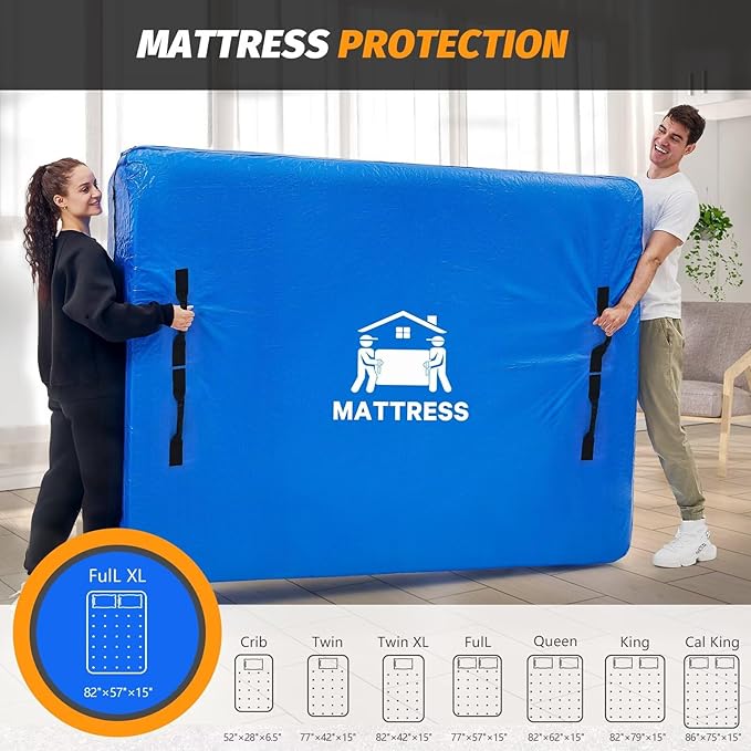 Mattress Bags for Moving, BETU Mattress Protector Waterproof Mattress Cover Full XL Size Storage Bags with 8 Heavy-Duty Handles and Zipper for Bed Extra Thick Large(2 Pack, 82"x57"x15" Blue)