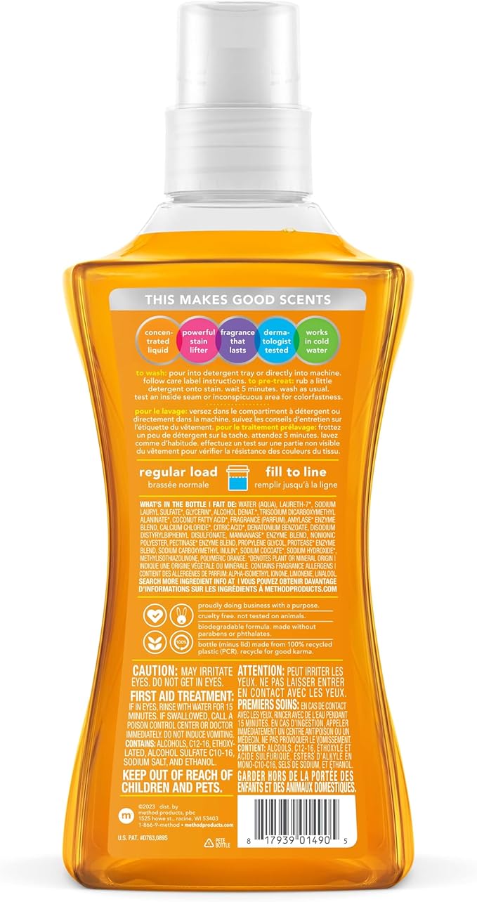 Method Liquid Laundry Detergent, Ginger Mango, 66 Loads Per Bottle, Hypoallergenic + Stain Remover, 53.5 Fl Oz (Pack of 1)