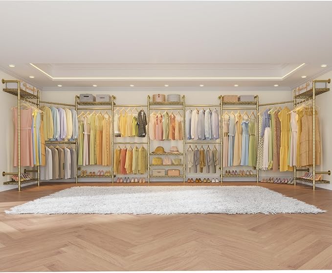 Timate F4 Wall Mounted Clothes Rack Industrial Pipe Clothing Rack for Hanging Clothes, Expandable Garment Rack Heavy Duty Wardrobe Closet Organizer and Storage, Adjustable Industrial Closet Kit, Gold