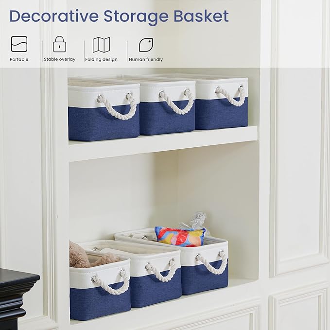 Storage Baskets for Shelves 11.8x7.9x5.2 Inch-Foldable Fabric Organizing Storage Bins with Handles, Closet & Bathroom Organizer, Home Storage for Kitchen, Office (1-Pack, White&Blue)
