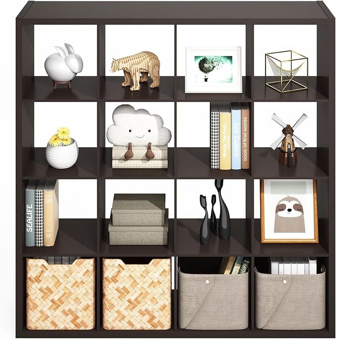 Furinno Simple Cube Storage Organizer, 16-Cube Display Shelf, Open Back Shelving Unit, Storage Shelves, Extra Thick Frame, for Organization and Storage, Living Room, Home Office, Dark Oak